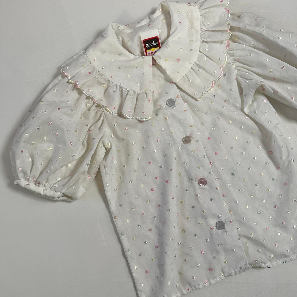 Vintage Chocolate Soup White Polka Dot Bubble Sleeve Ruffle Collared Top Sz 4
